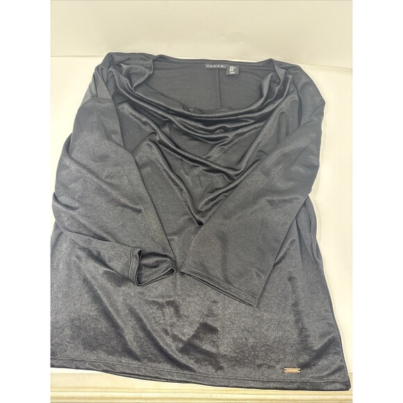 2x Tahari Sparkly Top Womens XL Scoop Neck 3/4 Sleeve Blouse Emerald Green Black - Picture 2 of 11